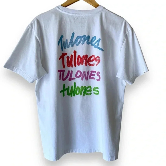 TULONES Men's Medium Crewneck White T-Shirt 4 Logos Design Blue/Red/Purple/Green - Picture 5 of 7